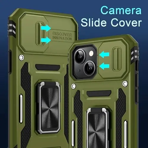 DEERLAMN Case for iPhone 15 with Slide Camera Cover + Screen Protector (2 Packs), Rotated Ring Kickstand Military Grade Shockproof Protective Cover-Olive Green - DEERLAMN (1)