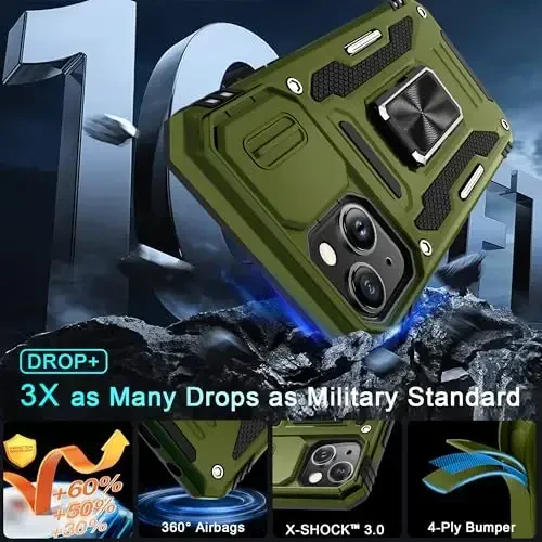 DEERLAMN Case for iPhone 15 with Slide Camera Cover + Screen Protector (2 Packs), Rotated Ring Kickstand Military Grade Shockproof Protective Cover-Olive Green - 3
