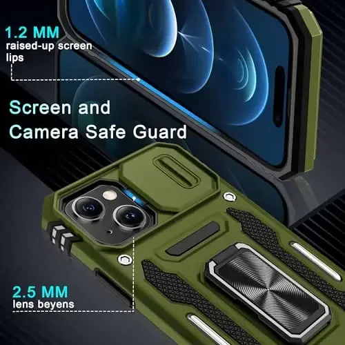 DEERLAMN Case for iPhone 15 with Slide Camera Cover + Screen Protector (2 Packs), Rotated Ring Kickstand Military Grade Shockproof Protective Cover-Olive Green - 5