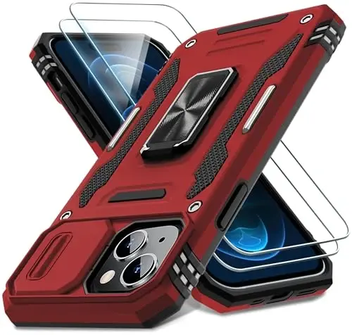DEERLAMN Case for iPhone 15 with Slide Camera Cover + Screen Protector (2 Packs), Rotated Ring Kickstand Military Grade Shockproof Protective Cover-Red 