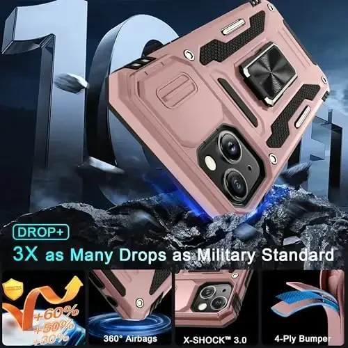 DEERLAMN Case for iPhone 15 with Slide Camera Cover + Screen Protector (2 Packs), Rotated Ring Kickstand Military Grade Shockproof Protective Cover-Rose Gold - 3