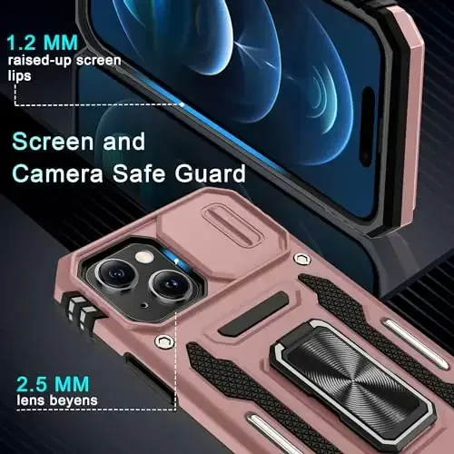 DEERLAMN Case for iPhone 15 with Slide Camera Cover + Screen Protector (2 Packs), Rotated Ring Kickstand Military Grade Shockproof Protective Cover-Rose Gold - 5