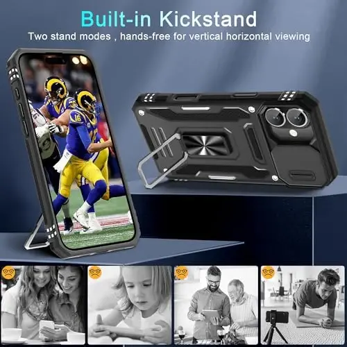 DEERLAMN Case for iPhone 16 Plus with Slide Camera Cover+Screen Protector (1 Pack), Rotated Ring Kickstand Military Grade Shockproof Protective Cover-Black - 4