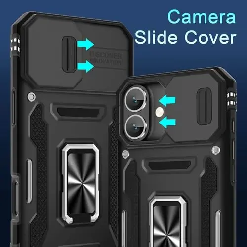 DEERLAMN Case for iPhone 16 Plus with Slide Camera Cover+Screen Protector (1 Pack), Rotated Ring Kickstand Military Grade Shockproof Protective Cover-Black - DEERLAMN (1)