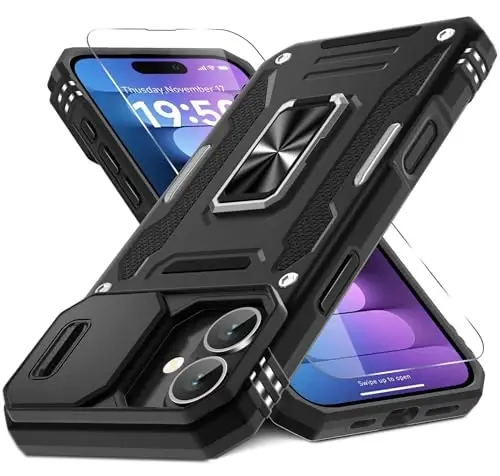 DEERLAMN Case for iPhone 16 Plus with Slide Camera Cover+Screen Protector (1 Pack), Rotated Ring Kickstand Military Grade Shockproof Protective Cover-Black - DEERLAMN