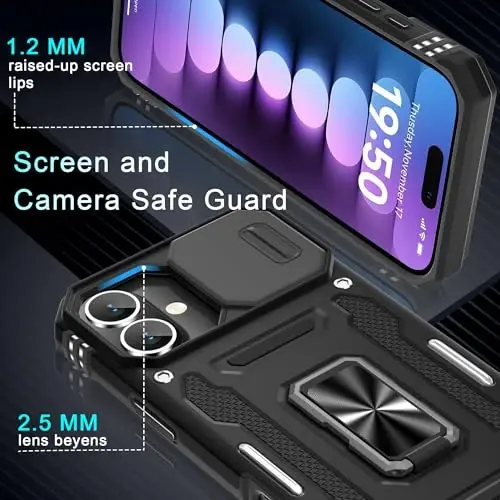 DEERLAMN Case for iPhone 16 Plus with Slide Camera Cover+Screen Protector (1 Pack), Rotated Ring Kickstand Military Grade Shockproof Protective Cover-Black - 5