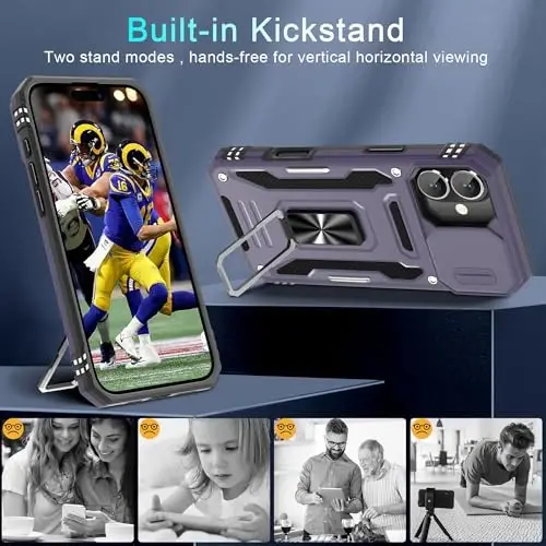 DEERLAMN Case for iPhone 16 Plus with Slide Camera Cover+Screen Protector (1 Pack), Rotated Ring Kickstand Military Grade Shockproof Protective Cover-Deep Purple - 4