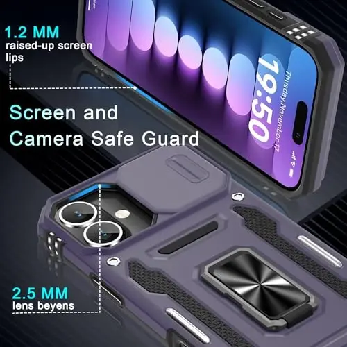 DEERLAMN Case for iPhone 16 Plus with Slide Camera Cover+Screen Protector (1 Pack), Rotated Ring Kickstand Military Grade Shockproof Protective Cover-Deep Purple - 5