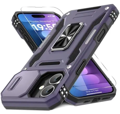 DEERLAMN Case for iPhone 16 Plus with Slide Camera Cover+Screen Protector (1 Pack), Rotated Ring Kickstand Military Grade Shockproof Protective Cover-Deep Purple 