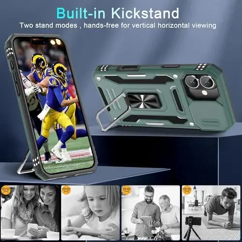 DEERLAMN Case for iPhone 16 Plus with Slide Camera Cover+Screen Protector (1 Pack), Rotated Ring Kickstand Military Grade Shockproof Protective Cover-Green - 4