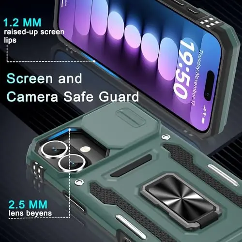 DEERLAMN Case for iPhone 16 Plus with Slide Camera Cover+Screen Protector (1 Pack), Rotated Ring Kickstand Military Grade Shockproof Protective Cover-Green - 5