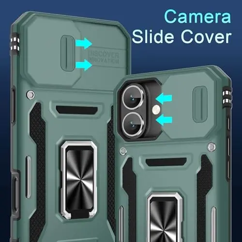 DEERLAMN Case for iPhone 16 Plus with Slide Camera Cover+Screen Protector (1 Pack), Rotated Ring Kickstand Military Grade Shockproof Protective Cover-Green - DEERLAMN (1)