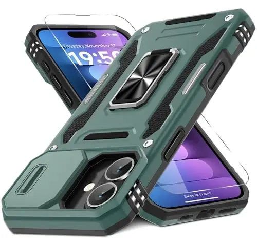 DEERLAMN Case for iPhone 16 Plus with Slide Camera Cover+Screen Protector (1 Pack), Rotated Ring Kickstand Military Grade Shockproof Protective Cover-Green 