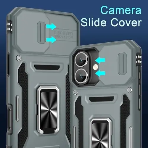 DEERLAMN Case for iPhone 16 Plus with Slide Camera Cover+Screen Protector (1 Pack), Rotated Ring Kickstand Military Grade Shockproof Protective Cover-Grey - DEERLAMN (1)