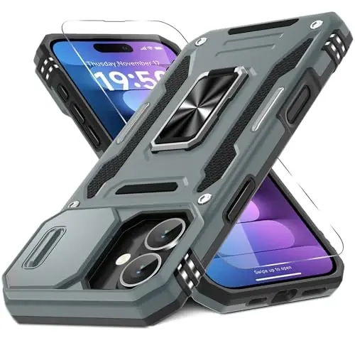 DEERLAMN Case for iPhone 16 Plus with Slide Camera Cover+Screen Protector (1 Pack), Rotated Ring Kickstand Military Grade Shockproof Protective Cover-Grey - DEERLAMN