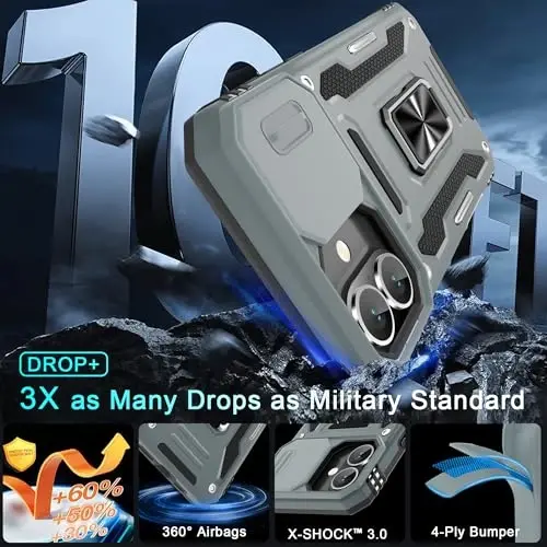 DEERLAMN Case for iPhone 16 Plus with Slide Camera Cover+Screen Protector (1 Pack), Rotated Ring Kickstand Military Grade Shockproof Protective Cover-Grey - 3