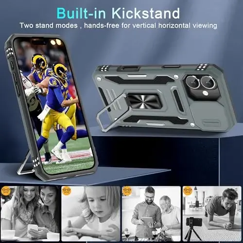 DEERLAMN Case for iPhone 16 Plus with Slide Camera Cover+Screen Protector (1 Pack), Rotated Ring Kickstand Military Grade Shockproof Protective Cover-Grey - 4