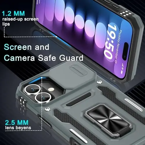 DEERLAMN Case for iPhone 16 Plus with Slide Camera Cover+Screen Protector (1 Pack), Rotated Ring Kickstand Military Grade Shockproof Protective Cover-Grey - 5