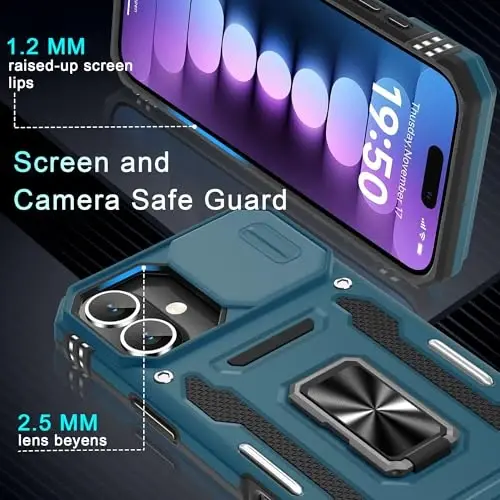 DEERLAMN Case for iPhone 16 Plus with Slide Camera Cover+Screen Protector (1 Pack), Rotated Ring Kickstand Military Grade Shockproof Protective Cover-Light Blue - 5