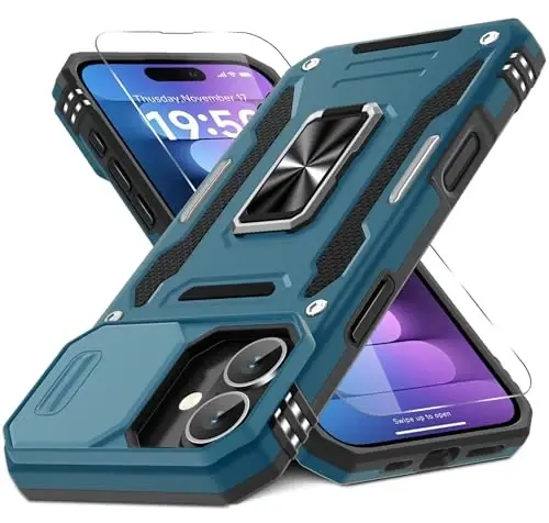 DEERLAMN Case for iPhone 16 Plus with Slide Camera Cover+Screen Protector (1 Pack), Rotated Ring Kickstand Military Grade Shockproof Protective Cover-Light Blue - 1