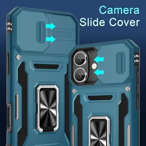 DEERLAMN Case for iPhone 16 Plus with Slide Camera Cover+Screen Protector (1 Pack), Rotated Ring Kickstand Military Grade Shockproof Protective Cover-Light Blue - 2
