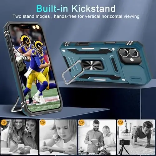 DEERLAMN Case for iPhone 16 Plus with Slide Camera Cover+Screen Protector (1 Pack), Rotated Ring Kickstand Military Grade Shockproof Protective Cover-Light Blue - 4