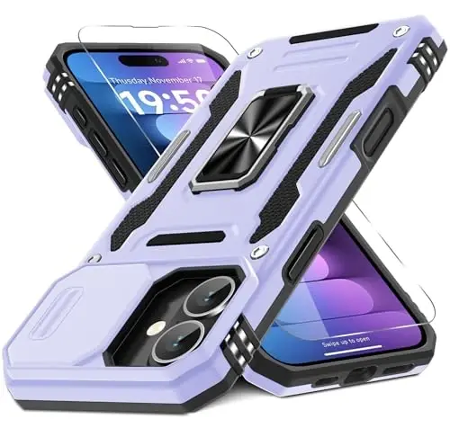DEERLAMN Case for iPhone 16 Plus with Slide Camera Cover+Screen Protector (1 Pack), Rotated Ring Kickstand Military Grade Shockproof Protective Cover-Light Purple 