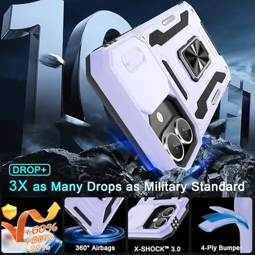 DEERLAMN Case for iPhone 16 Plus with Slide Camera Cover+Screen Protector (1 Pack), Rotated Ring Kickstand Military Grade Shockproof Protective Cover-Light Purple - 3