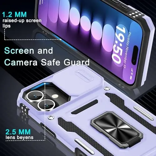 DEERLAMN Case for iPhone 16 Plus with Slide Camera Cover+Screen Protector (1 Pack), Rotated Ring Kickstand Military Grade Shockproof Protective Cover-Light Purple - 5