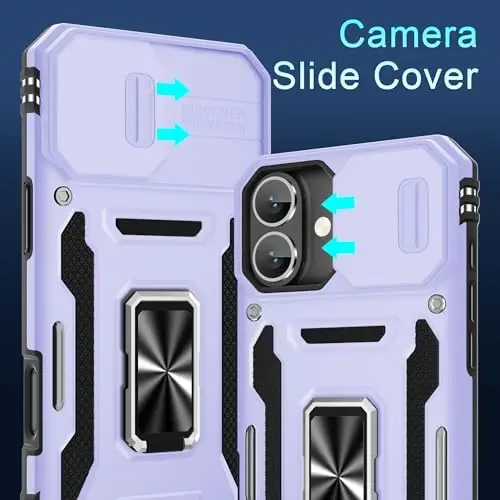 DEERLAMN Case for iPhone 16 Plus with Slide Camera Cover+Screen Protector (1 Pack), Rotated Ring Kickstand Military Grade Shockproof Protective Cover-Light Purple - DEERLAMN (1)