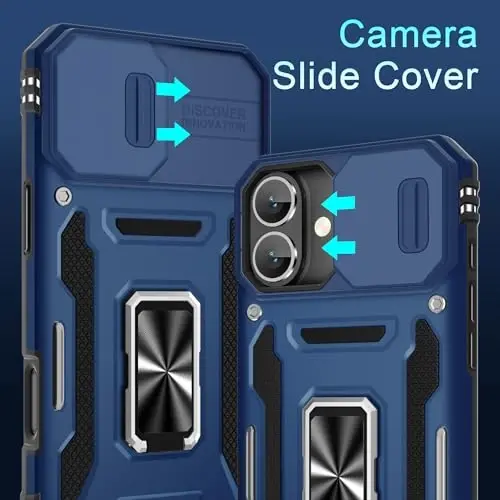 DEERLAMN Case for iPhone 16 Plus with Slide Camera Cover+Screen Protector (1 Pack), Rotated Ring Kickstand Military Grade Shockproof Protective Cover-Navy Blue - 2