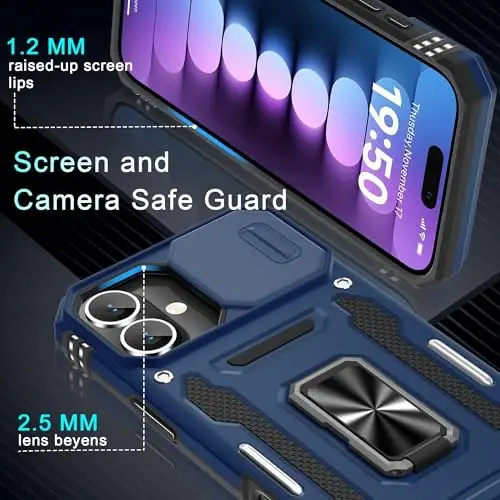 DEERLAMN Case for iPhone 16 Plus with Slide Camera Cover+Screen Protector (1 Pack), Rotated Ring Kickstand Military Grade Shockproof Protective Cover-Navy Blue - 5