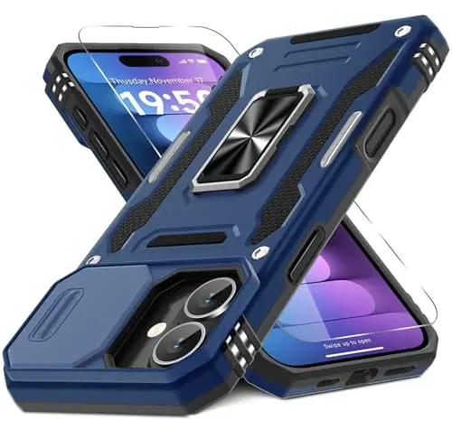 DEERLAMN Case for iPhone 16 Plus with Slide Camera Cover+Screen Protector (1 Pack), Rotated Ring Kickstand Military Grade Shockproof Protective Cover-Navy Blue 