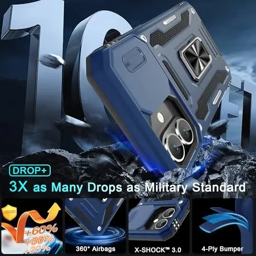 DEERLAMN Case for iPhone 16 Plus with Slide Camera Cover+Screen Protector (1 Pack), Rotated Ring Kickstand Military Grade Shockproof Protective Cover-Navy Blue - 3