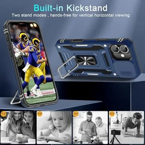 DEERLAMN Case for iPhone 16 Plus with Slide Camera Cover+Screen Protector (1 Pack), Rotated Ring Kickstand Military Grade Shockproof Protective Cover-Navy Blue - 4