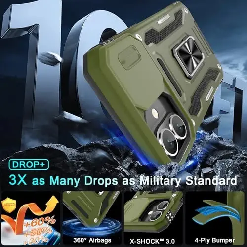 DEERLAMN Case for iPhone 16 Plus with Slide Camera Cover+Screen Protector (1 Pack), Rotated Ring Kickstand Military Grade Shockproof Protective Cover-Olive Green - 3