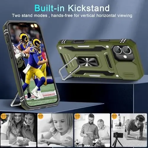 DEERLAMN Case for iPhone 16 Plus with Slide Camera Cover+Screen Protector (1 Pack), Rotated Ring Kickstand Military Grade Shockproof Protective Cover-Olive Green - 4