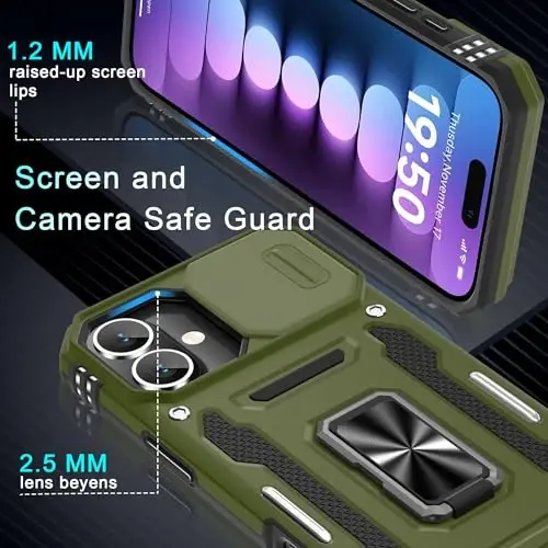 DEERLAMN Case for iPhone 16 Plus with Slide Camera Cover+Screen Protector (1 Pack), Rotated Ring Kickstand Military Grade Shockproof Protective Cover-Olive Green - 5