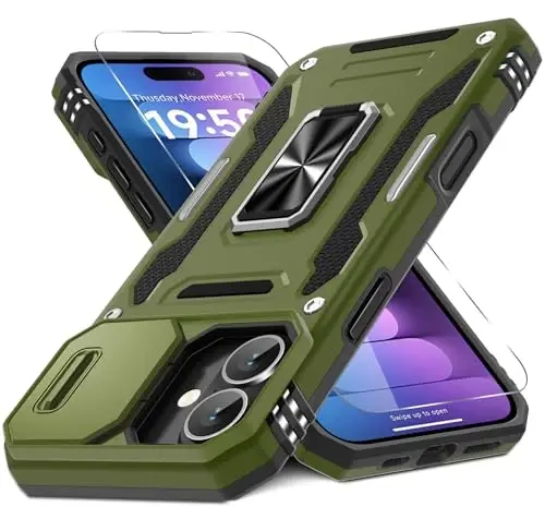 DEERLAMN Case for iPhone 16 Plus with Slide Camera Cover+Screen Protector (1 Pack), Rotated Ring Kickstand Military Grade Shockproof Protective Cover-Olive Green - 1