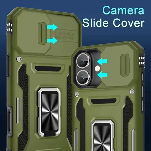 DEERLAMN Case for iPhone 16 Plus with Slide Camera Cover+Screen Protector (1 Pack), Rotated Ring Kickstand Military Grade Shockproof Protective Cover-Olive Green - DEERLAMN (1)
