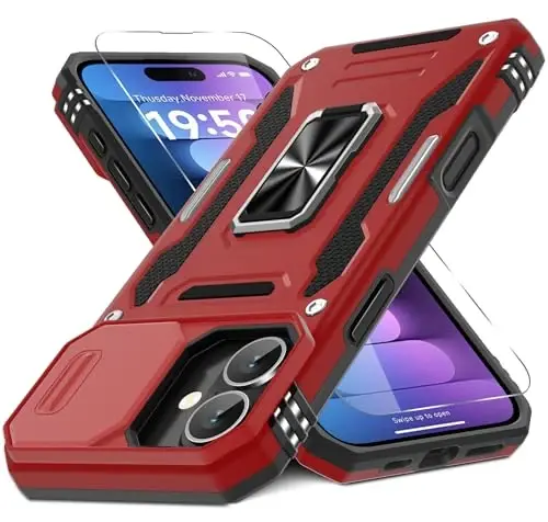 DEERLAMN Case for iPhone 16 Plus with Slide Camera Cover+Screen Protector (1 Pack), Rotated Ring Kickstand Military Grade Shockproof Protective Cover-Red 