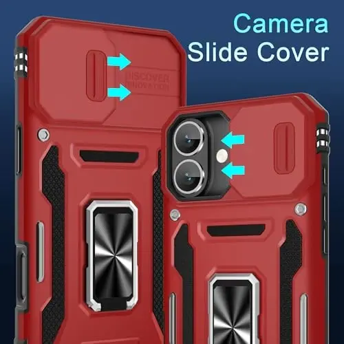 DEERLAMN Case for iPhone 16 Plus with Slide Camera Cover+Screen Protector (1 Pack), Rotated Ring Kickstand Military Grade Shockproof Protective Cover-Red - 2