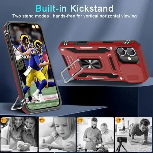 DEERLAMN Case for iPhone 16 Plus with Slide Camera Cover+Screen Protector (1 Pack), Rotated Ring Kickstand Military Grade Shockproof Protective Cover-Red - 4