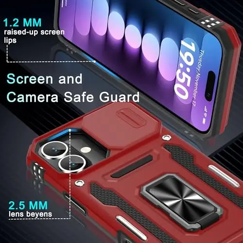 DEERLAMN Case for iPhone 16 Plus with Slide Camera Cover+Screen Protector (1 Pack), Rotated Ring Kickstand Military Grade Shockproof Protective Cover-Red - 5