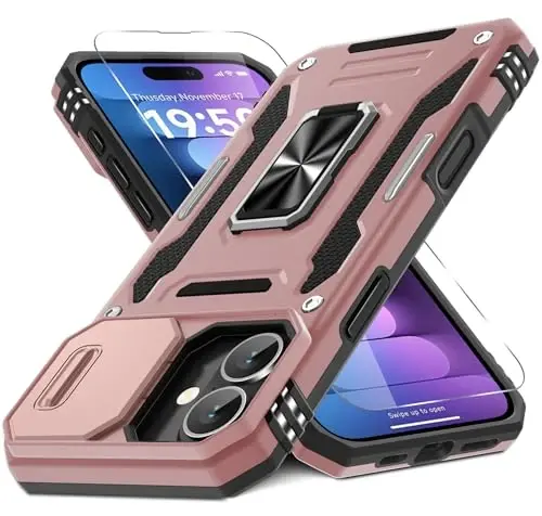 DEERLAMN Case for iPhone 16 Plus with Slide Camera Cover+Screen Protector (1 Pack), Rotated Ring Kickstand Military Grade Shockproof Protective Cover-Rose Gold 