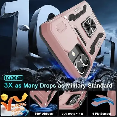 DEERLAMN Case for iPhone 16 Plus with Slide Camera Cover+Screen Protector (1 Pack), Rotated Ring Kickstand Military Grade Shockproof Protective Cover-Rose Gold - 3