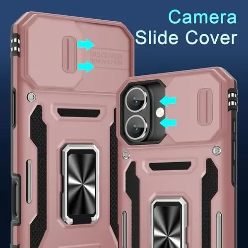 DEERLAMN Case for iPhone 16 Plus with Slide Camera Cover+Screen Protector (1 Pack), Rotated Ring Kickstand Military Grade Shockproof Protective Cover-Rose Gold - 2