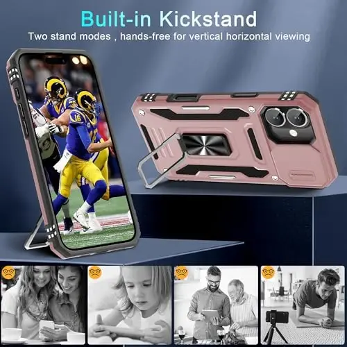 DEERLAMN Case for iPhone 16 Plus with Slide Camera Cover+Screen Protector (1 Pack), Rotated Ring Kickstand Military Grade Shockproof Protective Cover-Rose Gold - 4