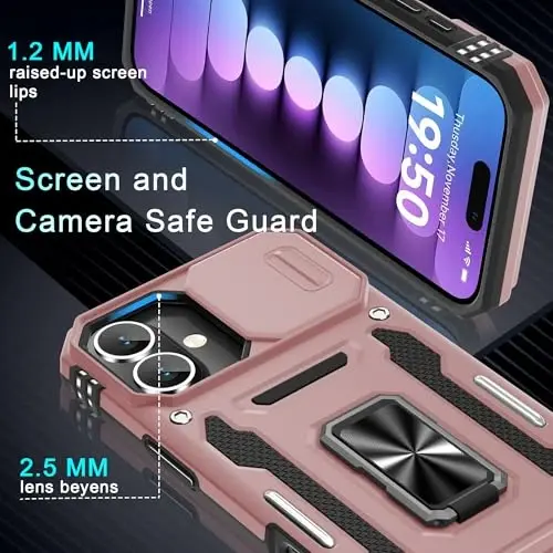 DEERLAMN Case for iPhone 16 Plus with Slide Camera Cover+Screen Protector (1 Pack), Rotated Ring Kickstand Military Grade Shockproof Protective Cover-Rose Gold - 5