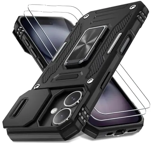 DEERLAMN Case for iPhone 16 with Slide Camera Cover+Screen Protector (2 Packs), Rotated Ring Kickstand Military Grade Shockproof Protective Cover-Black - DEERLAMN